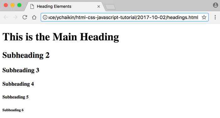Heading tags h1 through h6 example browser screenshot