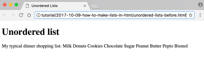 Shopping list before browser screenshot