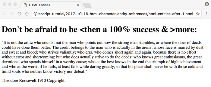 HTML with some character references Roosevelt quote browser screenshot